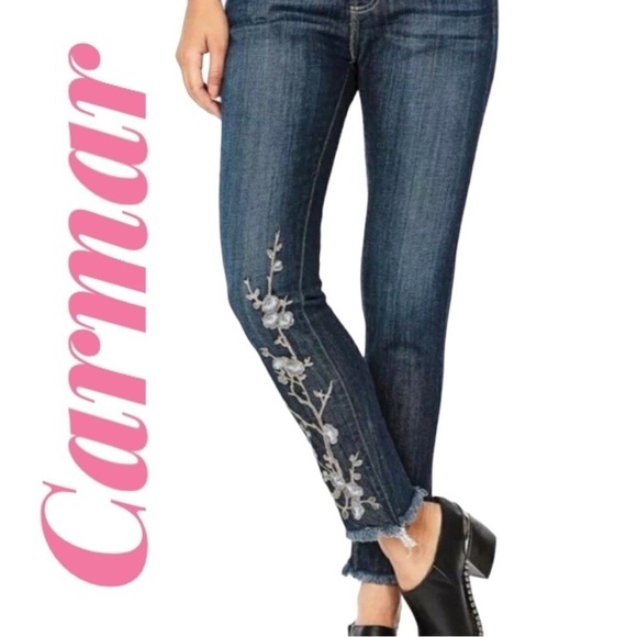 CARMAR Floral Embroidered Raw Hem Ankle High Rise Jeans, Size 26 - Picture 13 of 13